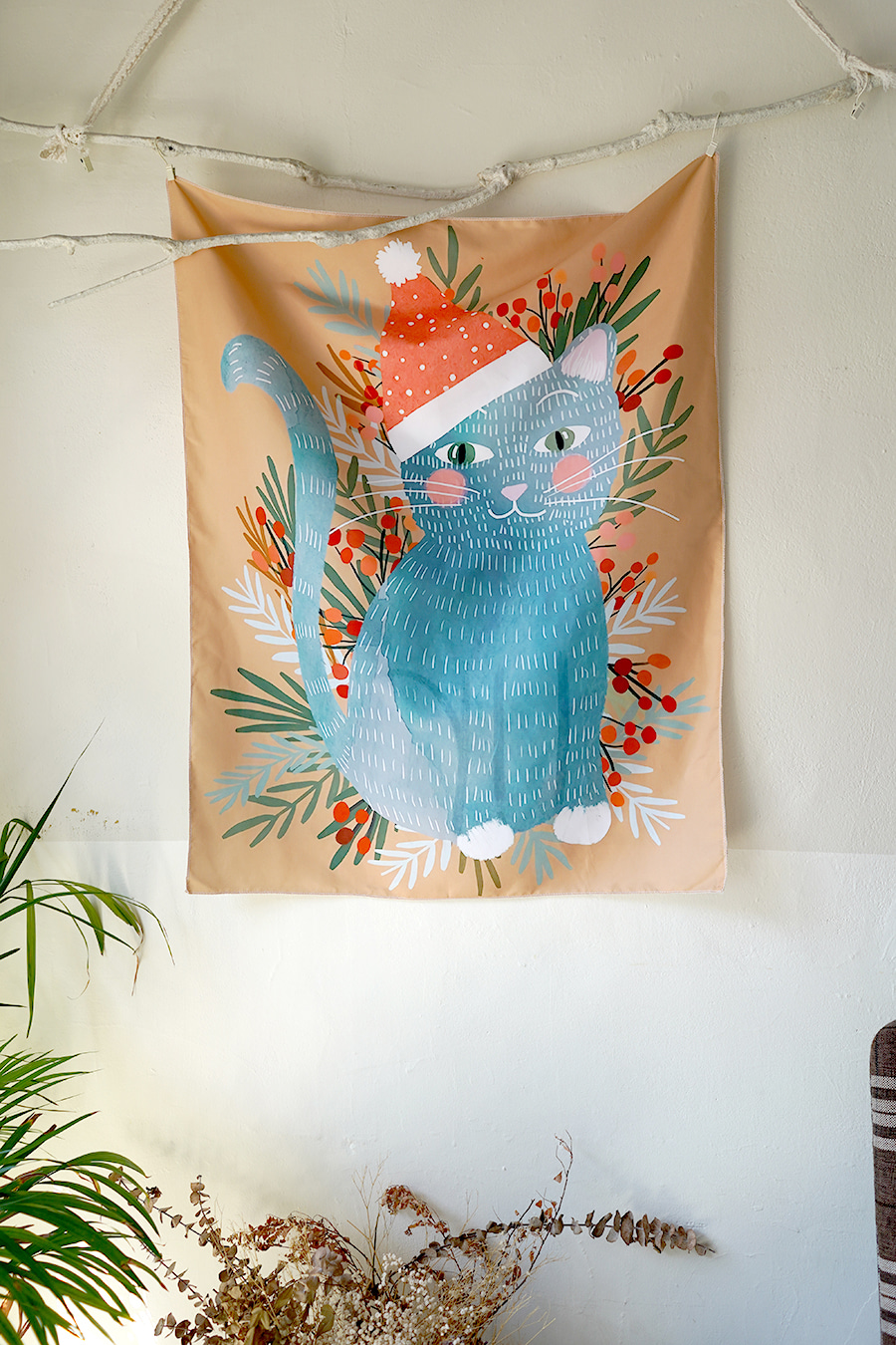 블랑쉬 귀여운 산타 고양이 크리스마스 패브릭 포스터 73x95